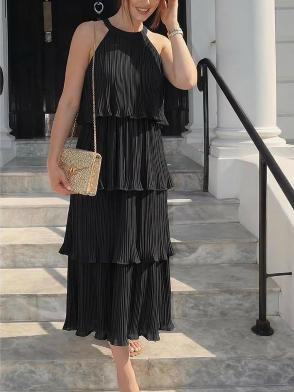 Black Tiered Pleated Halter Maxi Dress